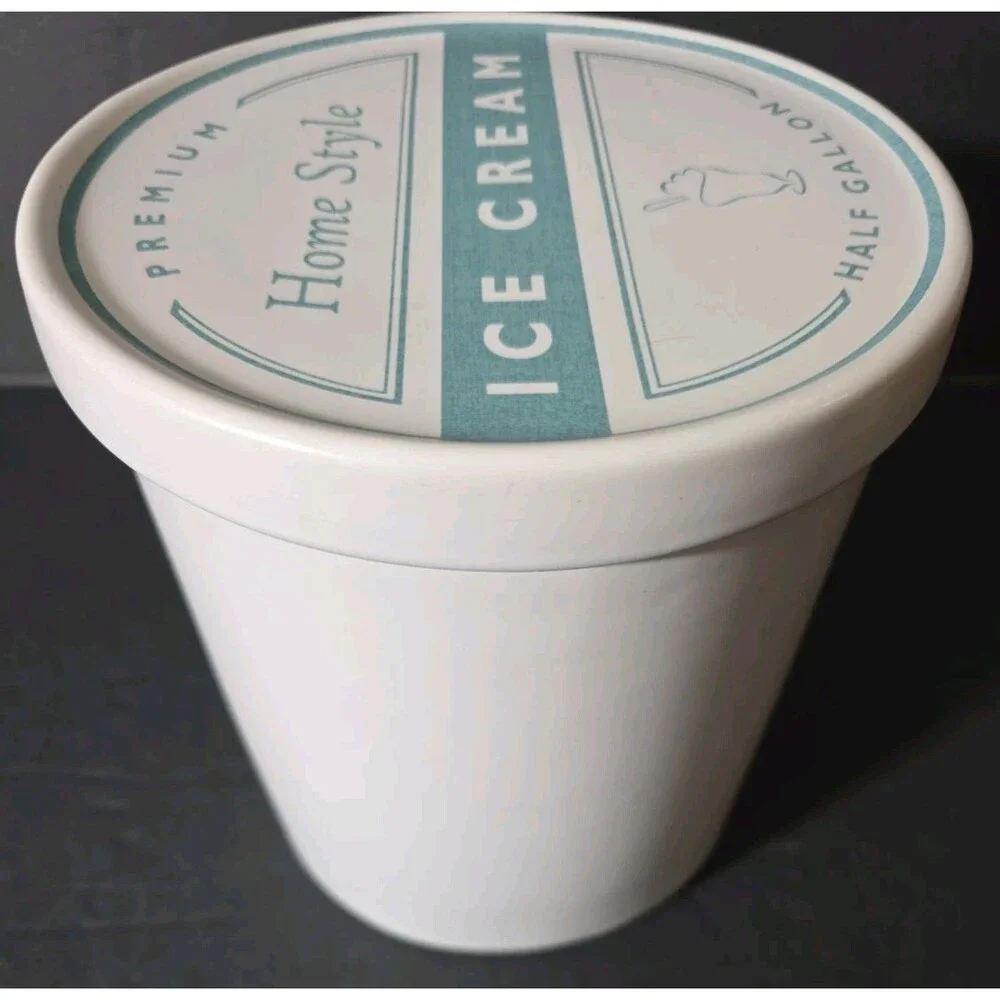 Vtg. William Sonoma Ice Cream White Crock w/ GREAT Blue Lid Graphics VERY NICE!!